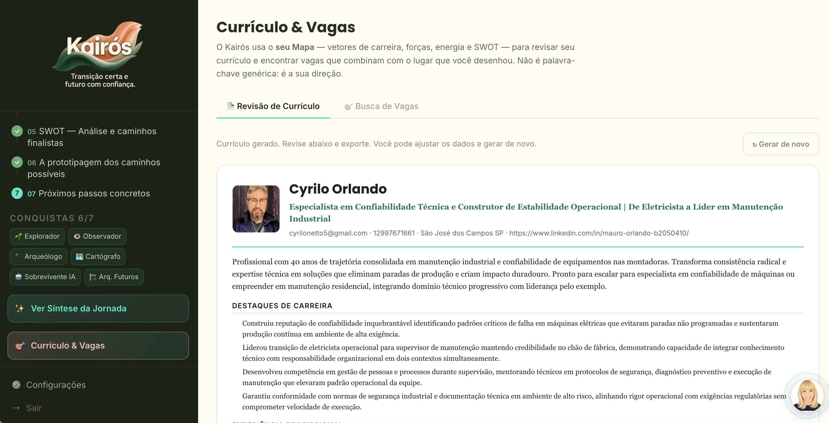 Tela de revisão de currículo gerada pelo Kairós