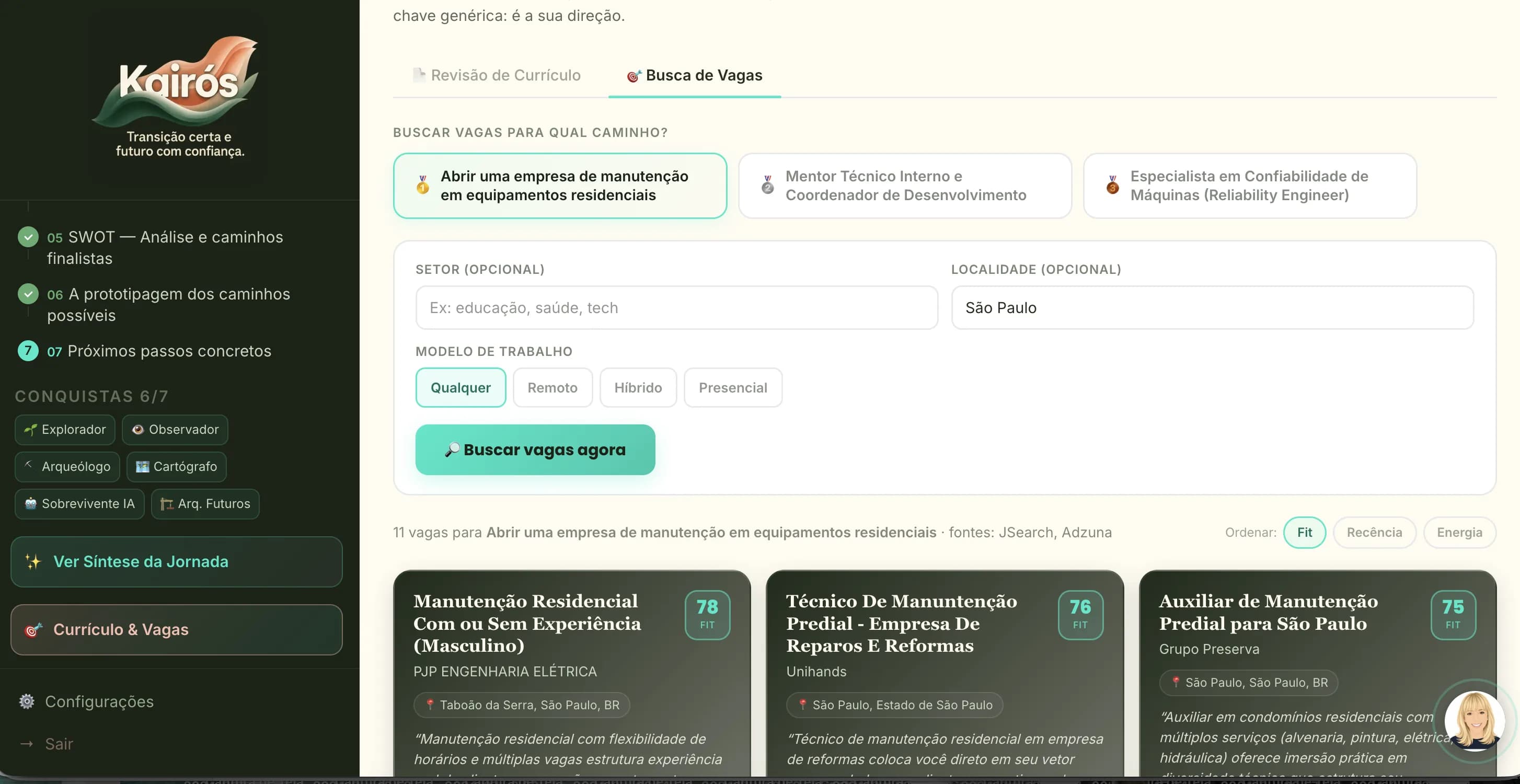 Tela de busca de vagas do Kairós com score de fit